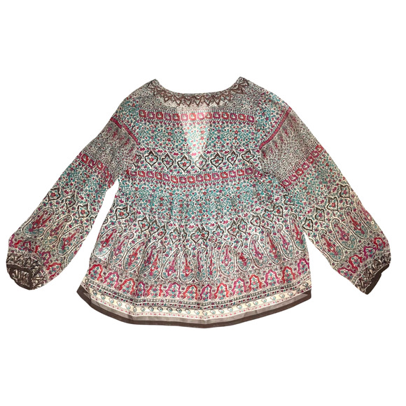 JOIE Womens 100% Silk Blouse Tunic L Colorful Printed V-Neck Sheer Boho Peasant - Picture 2 of 8